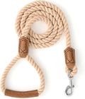 Mile High Life Dog Leash, Braided Cotton Rope Leashes with Leather Handle - Heavy Duty Metal Clasp, 5FT, 1/2" Thick - Wedding, Walking & Training Leash for Small Medium Large Dogs (Light Brown)
