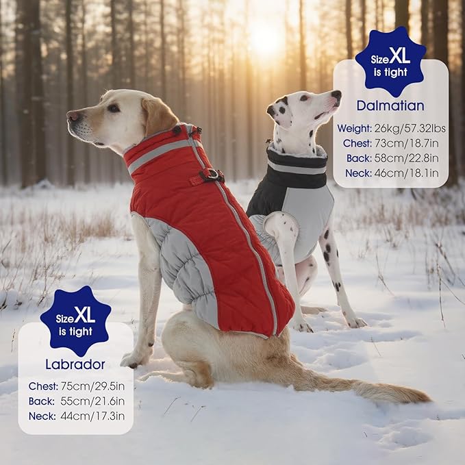 FUAMEY Dog Coat for Large Dogs,Waterproof Dog Winter Jacket with Harness Built in Puppy Cold Weather Coats Reflective Pet Vest with Zipper Warm Fleece Dogs Snowsuit Windproof Black XXL