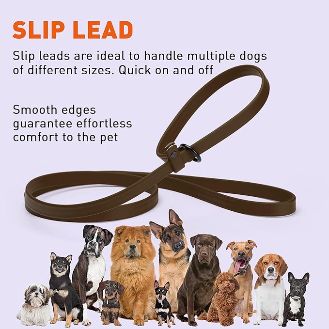 Dogline Biothane Slip Dog Leash - for Small, Medium and Large Dogs - Odor Free Slip Lead, Heavy Duty and Durable Material Kennel Lead - Dark Chocolate Brown - 7ft L x 5/8in W