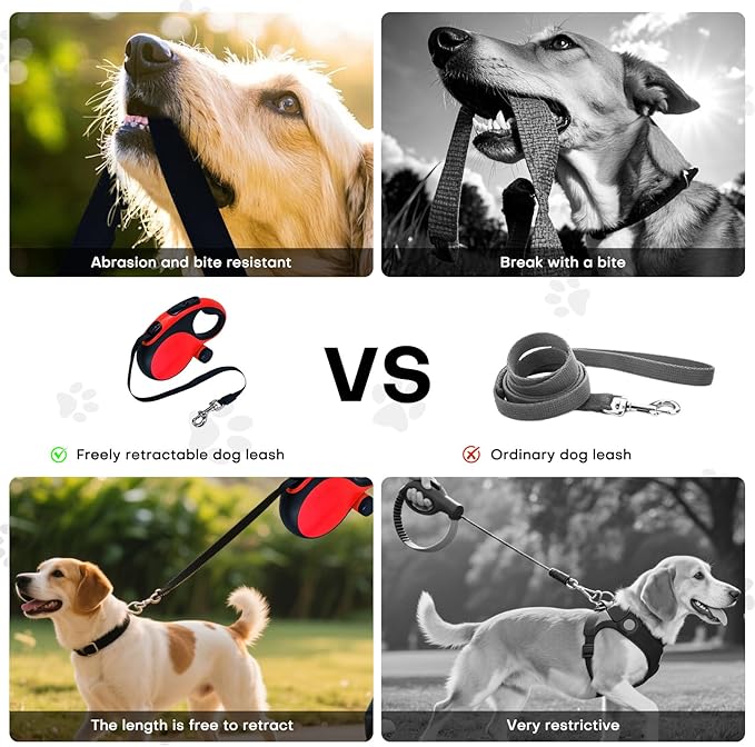 Retractable Dog Leash with Chew Proof Cable,26Ft Heavy Duty Dog Leash for Medium Large Dogs up to 110lbs,360°No Tangle,One-Handed Brake,Pause,Lock(Red)