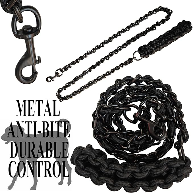 Dog Leash Leads Chain Rope Metal with Pet Collar Training Walking Heavy Duty Anti Bite 360 Hook for Medium and Large Dogs Black (X-Large)