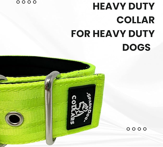 SparkDog Collars Working Dog Collar - 2" 4ply Padded Dog Collar Heavy Duty Stainless Steel Tactical Seatbelt Wide Buckle Collar (Lime 2.0, 16-21" Large)