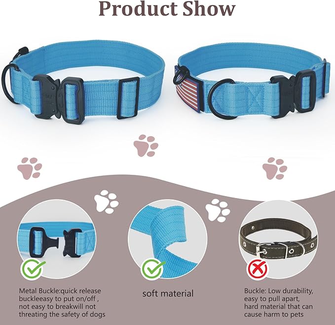 Heavy Duty Tactical Dog Collar Adjustable Nylon Pet Collars Quick Release Buckle with 2 D-Rings Patch for Medium, Large Dogs (Sky Blue, Size M)