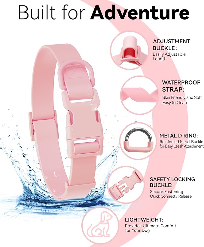 Waterproof Dog Collar, Rubber Adjustable Collars with Quick Release Buckle, Odor-Resistant, Easy to Clean Pet Collars for Small Medium or Large Dogs (Pink, S 9.5-14.1 inch)