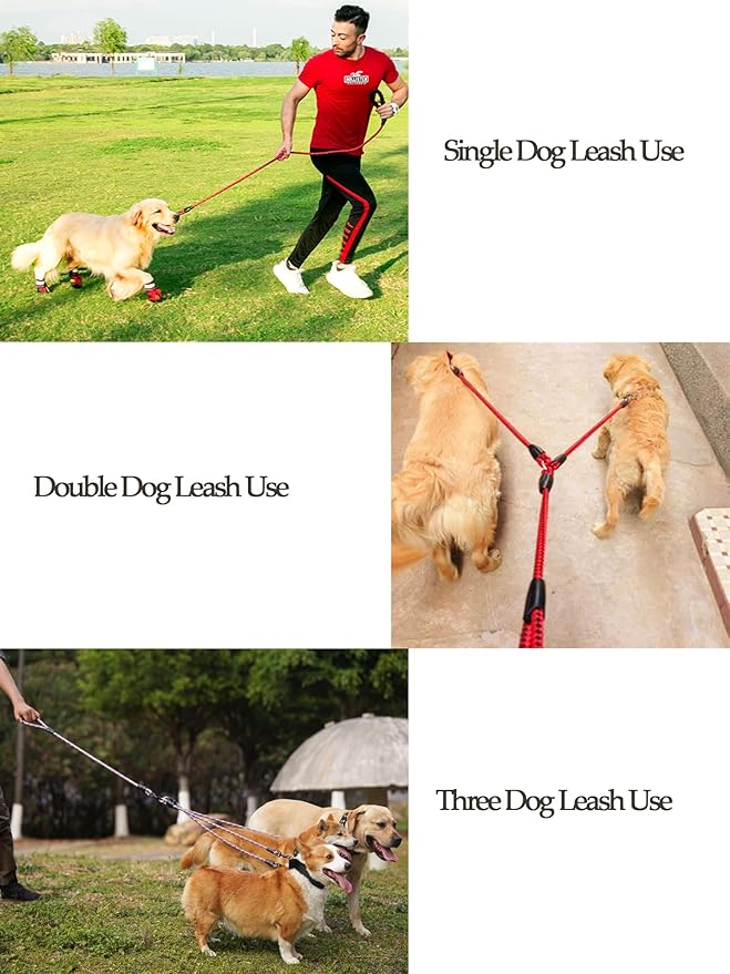 3 in 1 Durable Nylon Dog Leash with Padded Handle, 360° Swivel Multiple Dog Leash No Tangle, Lead for Medium Large Dogs, Walking & Training Double Dogs Leash Red