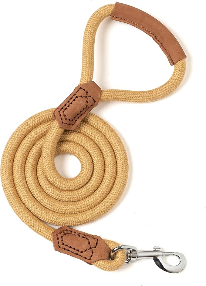 Mile High Life | Premium Leather Handle Dog Leash | Strong Rope Leash | Zinc Alloy Strong Clasp | Small Medium Large Dogs | 4/5/6 Feet(Yellow, 60 Inch (Pack of 1))