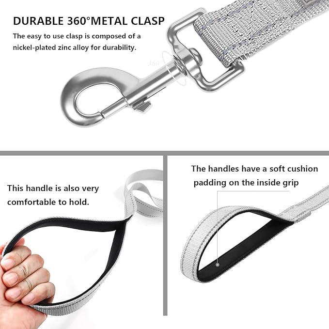 Dog Leash 6 FT Padded Handle Nylon Reflective Dogs Leashes for Large Dogs Silver