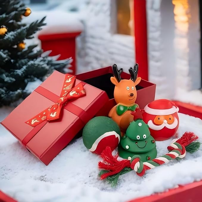 Christmas Dog Chew Toys Set Dog Gift Toy with Christmas Stocking or Xmas Gift Box Dog Toys for Aggressive Chewers (Christmas Sock Type 4)