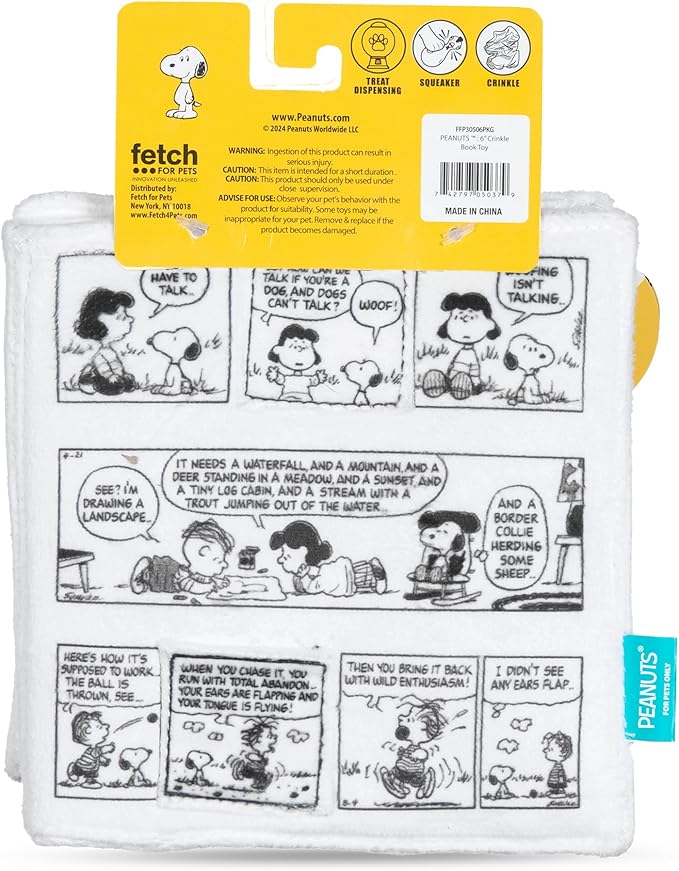 Peanuts for Pets Interactive Crinkle Friendship Comic Book Toy with Squeakers and Treat Pockets for Mental Stimulation, Snuffle Mat Dog Toy, 6x6” to 18”