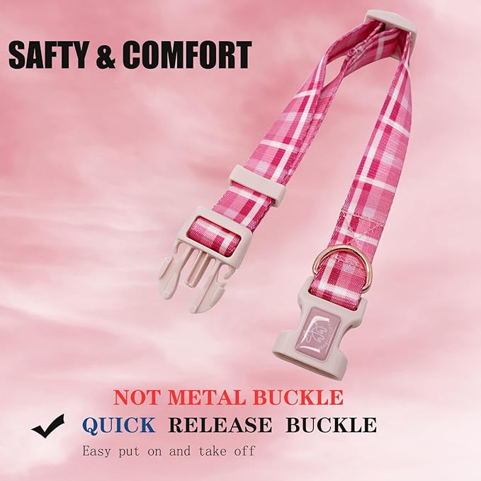 Elegant little tail Dog Collar with Leash, Pink Plaid Pet Collar Leash Adjustable Collar for Small Medium Large Dogs Soft Puppy Collars with Quick Release Buckle Girl Boy Dog Collars