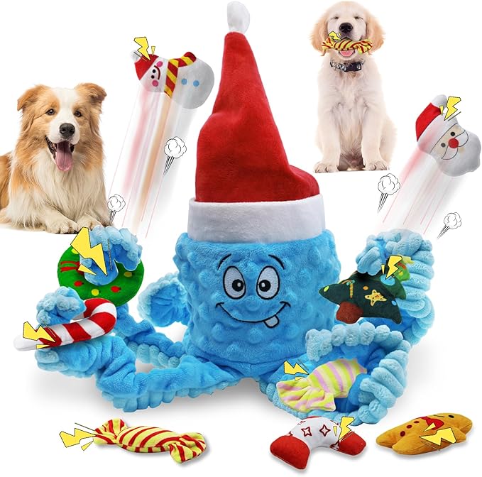 Christmas Dog Toys, Octopus Dog Toy with 10 Pcs Small Dog Toy, Crinkle Plush Dog Toy for Puppies, Interactive Holiday Pet Toys Sets (Blue)