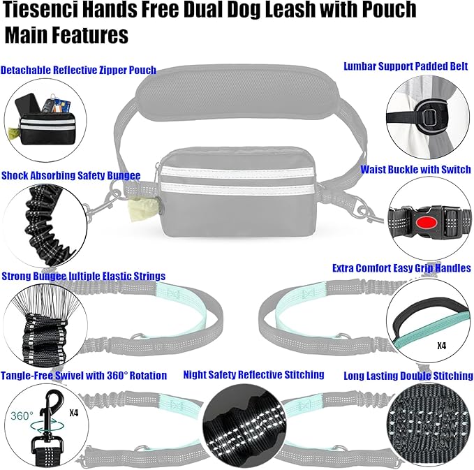 Hands Free Dog Leash Waist & Crossbody for Walking, No Pull Heavy Duty Bungee Double Dog Leash for Two Dogs with Pouch, Padded Handles & Reflective for Large Medium Dogs, Black