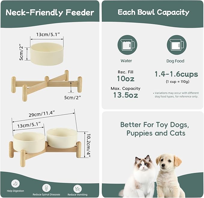 Ceramic 5.1inch Raised Double Bowls Set with Wooden Stand, Elevated Food & Water Bowls for Small Breed Dogs, Cats, Kitty, Weighted Dog Dishes, Pet Bowls(13.5oz, Beige)