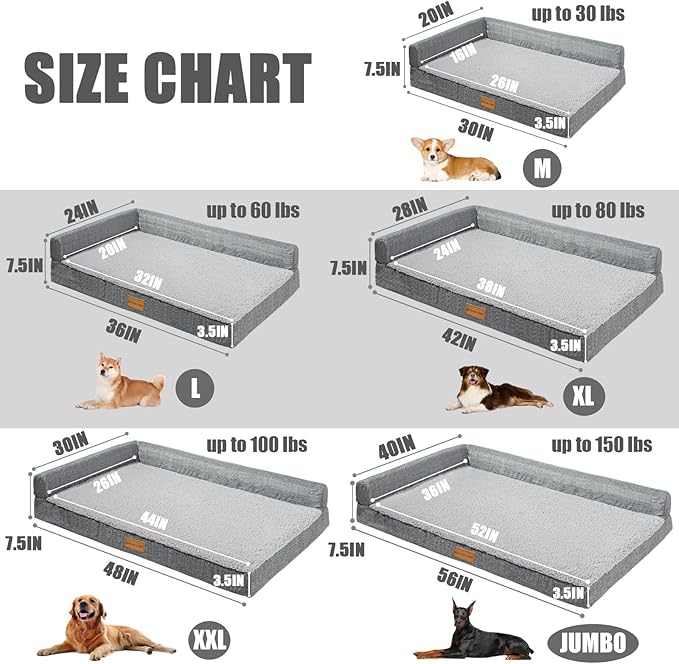 Patas Lague Orthopedic XL Dog Bed Large Sized Dog 48''X30'', Waterproof L Bolster Big Large Pet Sofa Beds with Removable Washable Cover, Soft Comfortable Pet Couch Crate Mat with Nonskid Bottom, Grey