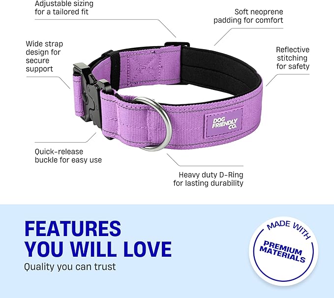 DF Co. Tactical Dog Collar | Comfortable & Secure with Quick Release Clip Buckle and Heavy Duty D-Ring | Soft Padded Neoprene, Chafe Resistant, Night-Time Visibility | Purple, Size S