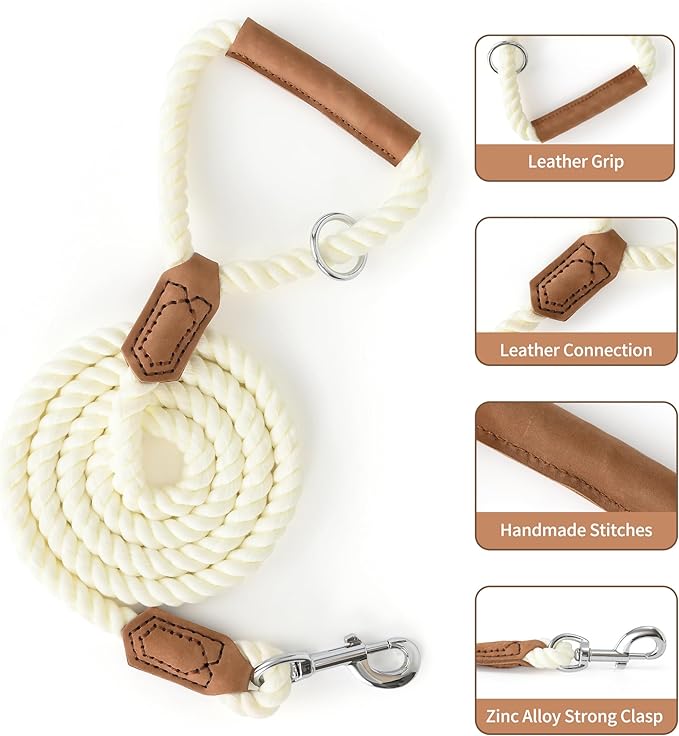 Mile High Life Dog Leash, Braided Cotton Rope Leashes with Leather Handle - Heavy Duty Metal Clasp, 4FT, 1/2" Thick - Wedding, Walking & Training Leash for Small Medium Large Dogs (White)