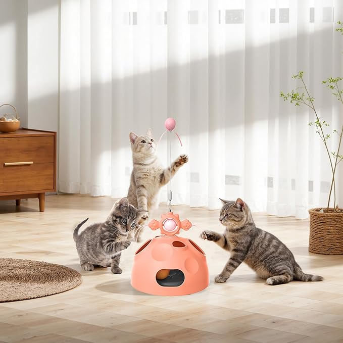 Interactive Cat Toy for Indoor Cats, 4-in-1 Modular Design with Cat Treats Puzzle Slow Feeder, Teaser Wand, Ball Maze & Spinning Ball | Kitten Enrichment Toys for Indoor