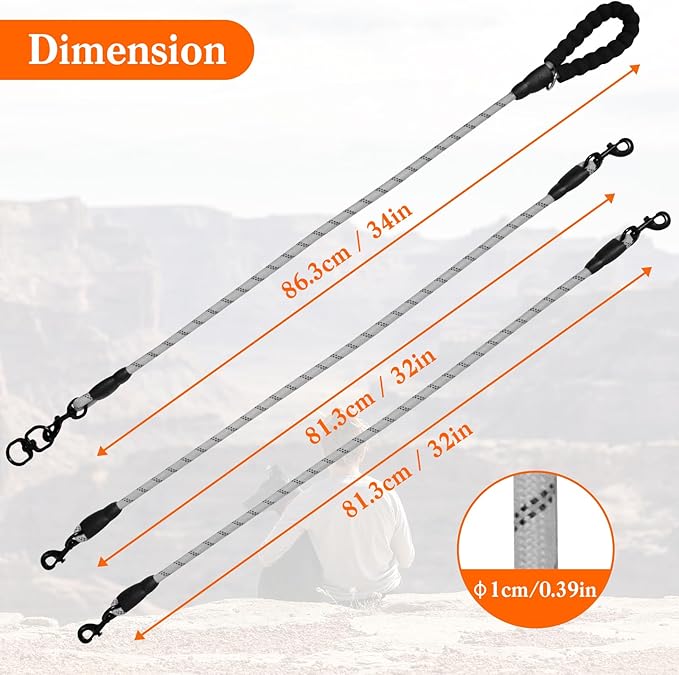 4 Way No Tangle Dog Leash - 360° Swivel Leash for Four Dogs, Reflective Design for Small Medium Large Dogs (Grey, 4 Way)