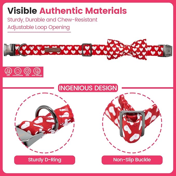 Lionheart glory Dog Bow Collar - Valentine's Day Dog Collar with Bowtie Red Heart Collars Soft Adjustable for Small Dogs Puppy Spring Holiday Collars