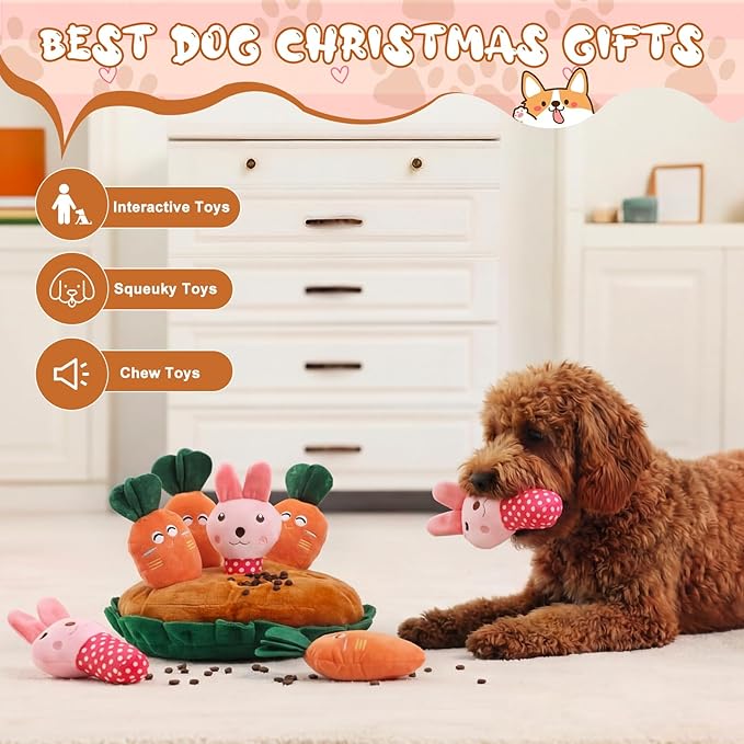 Skylety 7 Pcs Interactive Carrot and Bunny Dog Toy Set Snuffle Toy with Treat Hiding Puzzle and Squeaky Plush, Durable Interactive Dog Toys for Small Medium Dogs, Training and Boredom Relief Plaything