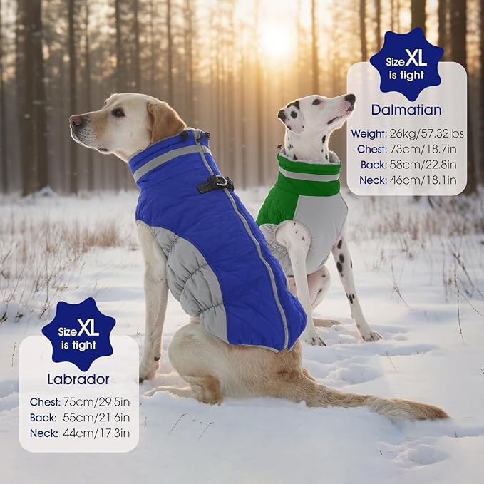 FUAMEY Dog Coat for Large Dogs,Waterproof Dog Winter Jacket with Harness Built in Puppy Cold Weather Coats Reflective Pet Vest with Zipper Warm Fleece Dogs Snowsuit Windproof Green XXXL