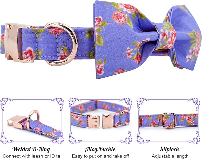 Tunkoo Dog Collar Elegant Bow Tie Unique Style Super Soft Comfy Adjustable Cotton Collar with Premium Metal Buckle, for Puppy Small Medium Large Pet Supplies（Purple Fill，L）