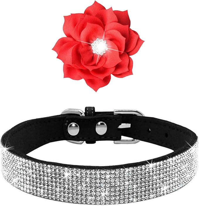 Cute Dazzling Sparkling Elegant Fancy Soft Suede Leather Bling Rhinestone Crystal Jeweled Pet Cat Dog Puppy Collar Dog Leash Combo Set (S(Neck 10-12.5"), Black-6)