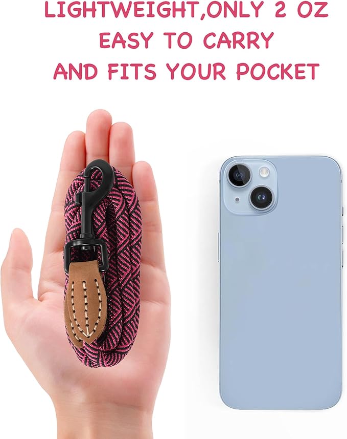 Mile High Life Small Dog Leash, Thin Rope Leash with Genuine Leather Connection and Heavy Duty Metal Clasp, Great for Small Medium Dogs(Pink,60 Inch-1/3)