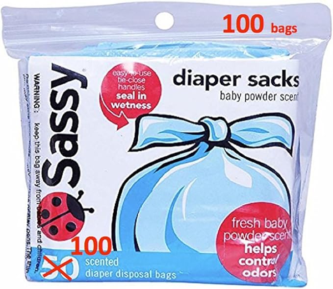 Sassy 100 Count Disposable Diaper Sacks, Powder Scented, 4-25 Sacks per Roll, Easy-to-Tie, Diaper Disposal or Pet Waste Bags
