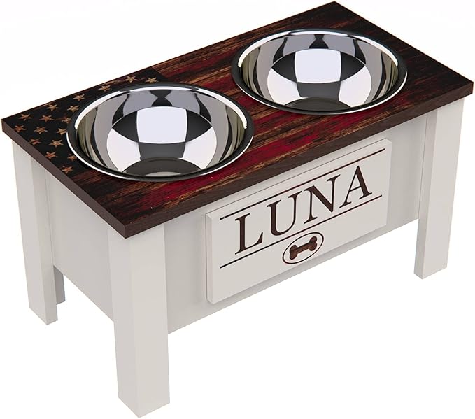 GTW Personalized Elevated Dog Bowl Stand for Large, Medium, Small, X-Small Dogs - Stainless Steel Food and Water Bowls - Raised Dog Dish with Internal Storage (Large, Flag Design)
