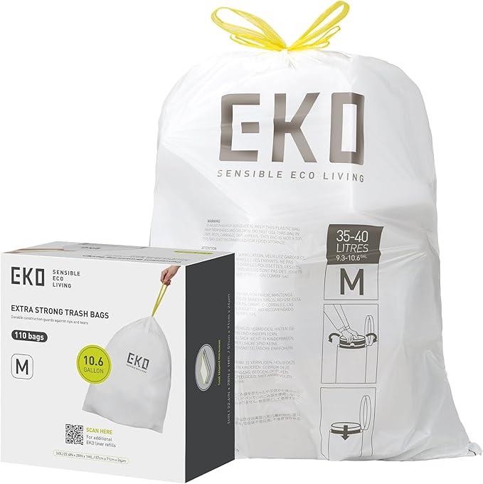 EKO 10.6 Gallon / 35–40 Liter Drawstring Trash Bags, 110 Count Heavy-Duty Tall Kitchen Garbage Can Liners, Extra-Strong Leak-Resistant, Unscented, White, Code M