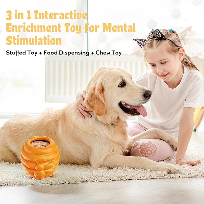 Dog Enrichment Toy for Aggressive Chewers - Interactive Dog Puzzle Toy for Boredom - Durable Nylon Honey Pot Treat Dispenser & Slow Feeder - Frozen Lick Toy with Removable Cups, Orange
