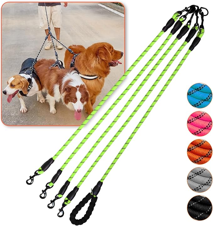 4 Way No Tangle Dog Leash - 360° Swivel Leash for Four Dogs, Reflective Design for Small Medium Large Dogs (Green, 4 Way)