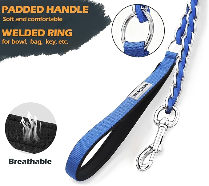 Chain Dog Leash Chew Proof Metal Leash for Medium Large Dogs, Chain Link Dog Anti Chew 5.2FT / 4FT Strong Anti Bite Comfortable Soft Padded Handle (Blue, 5FT(80-150lb))