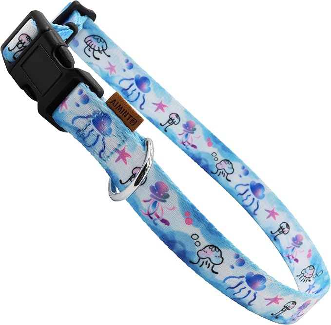 Dog Collar, Cute Jellyfish in Ocean Pattern, Soft and Adjustable Collar with Quick Release Buckle (XS (Neck 9-13", Width 3/8"), Ocean Blue)