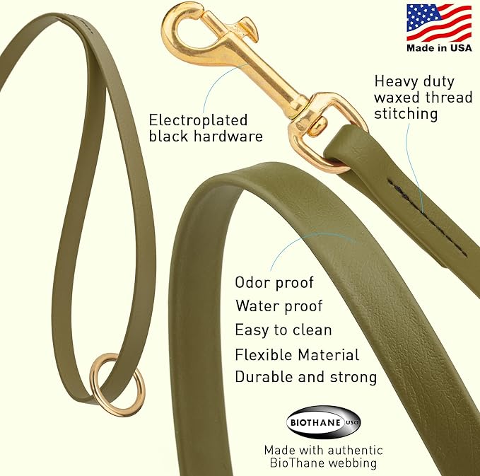 Viper Biothane K9 Working Dog Leash Waterproof Lead for Tracking Training Schutzhund Odor-Proof Long Line with Solid Brass Snap for Puppy Medium and Large Dogs 6ft, Olive Drab Green
