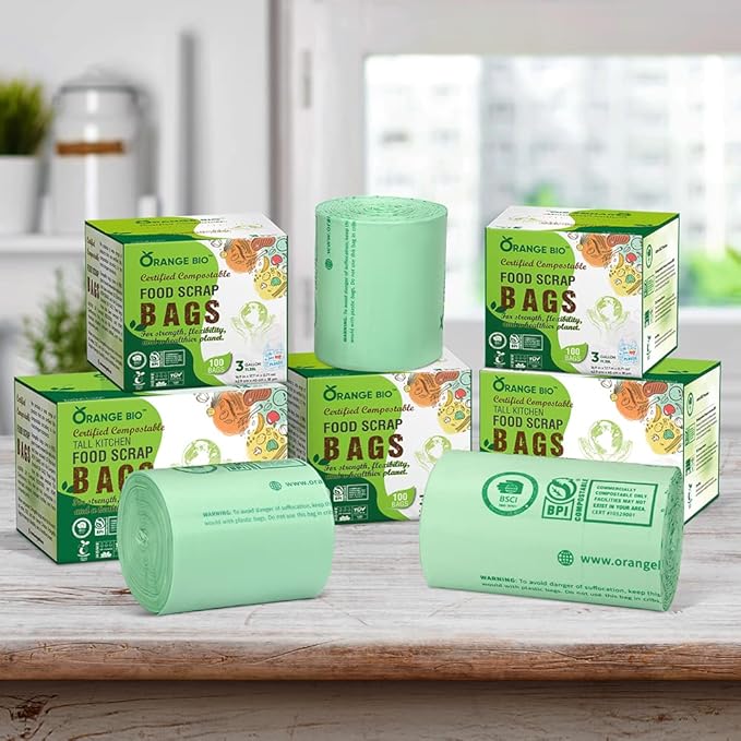 OrangeBio 6~8 Gallon Compostable Trash Bags, 100 Count, 30 Liter, 100 Count, 0.85 Mil Heavy Duty, Food Scrap Bags for Medium Bins, US BPI ASTM D6400 and OK Compost Home Certified