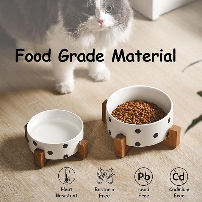 Petygooing Ceramic Dog Bowl Set with Stand,Pet Food and Water Bowl, Anti -Slip Set of 2 Pet Bowls-Dog Food Bowls- Pet Feeder Small Medium Size (28 OZ /3.6 Cups) Black Dot