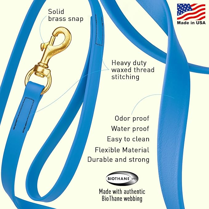 Viper Biothane K9 Working Dog Leash Waterproof Lead for Tracking Training Schutzhund Odor-Proof Long Line with Solid Brass Snap for Puppy Medium and Large Dogs, 33ft Cerulean Blue