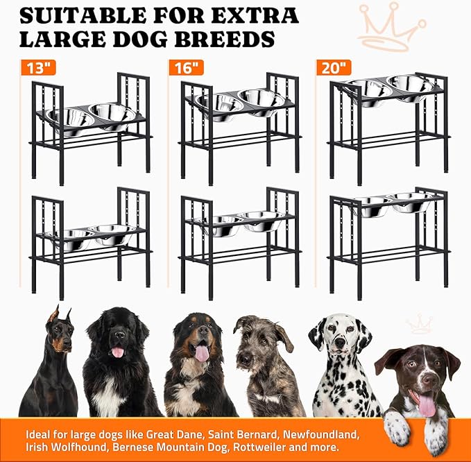 Raised Metal Dog Bowls - Large Breed, 3 Heights, Sturdy Stand for Extra Large Dogs, Black with Mat