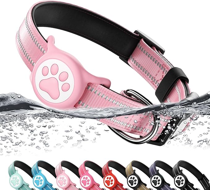 Airtag Dog Collar, Reflective Ultra-Durable Nylon Padded with QR Code Buckle & IP68 Waterproof Air Tag Holder Compatible for Apple AirTag, Comfortable for Small Medium Large Dogs(Pink,S)