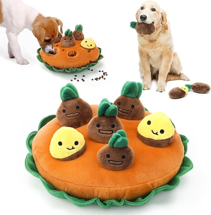 Skylety 7 Pcs Interactive Sweet Potato Dog Toy Set Snuffle Toy with Treat Hiding Puzzle and Squeaky Plush, Durable Vegetable Dog Toys for Small Medium Dogs, Training and Boredom Relief Plaything