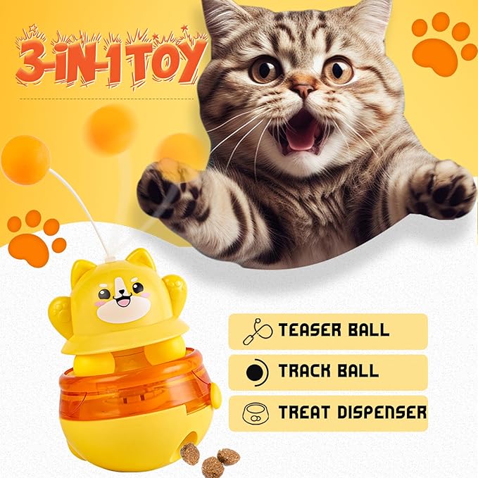 Interactive Cat Wobble Toy with Teaser Wand, Treat Dispensing Puzzle Feeder (No Treats Included), Enrichment Toy for Indoor Cats, Anxiety Relief & Solo Play