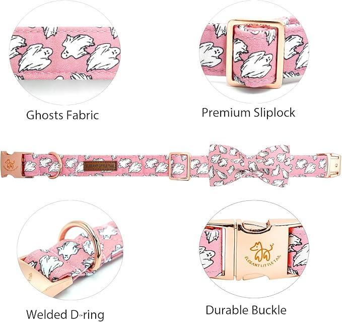 Elegant little tail Halloween Dog Collar, Pink Ghosts Print Dog Collar with Bow Puppy Collar Bowtie Flower Female Cotton Adjustable Collars for Small Medium Large Dogs