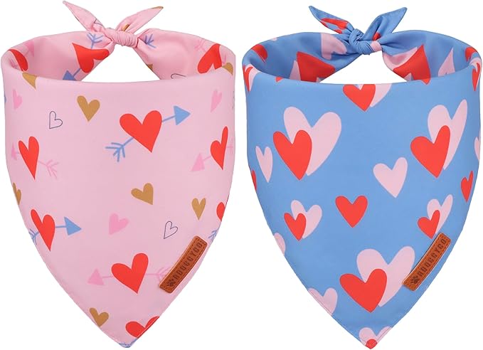 ADOGGYGO Valentine Dog Bandana, Blue Pink Heart Pet Scarf, Premium Durable Fabric, Adjustable Fit Pet Valentine Bandanas for Large and Extra Large Dogs (X-Large)