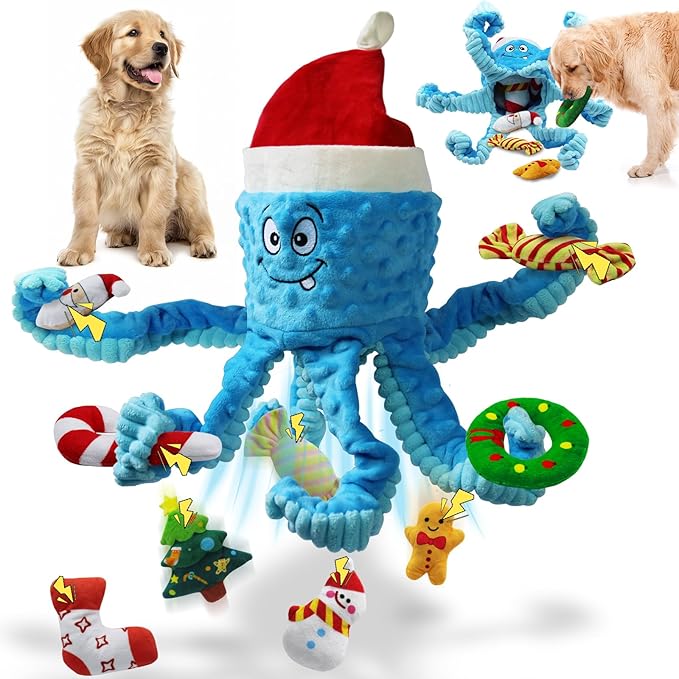 Christmas Dog Toys, Octopus Dog Toy with 10 Pcs Small Dog Toy, Crinkle Plush Dog Toy for Puppies, Interactive Holiday Pet Toys Sets (Blue)