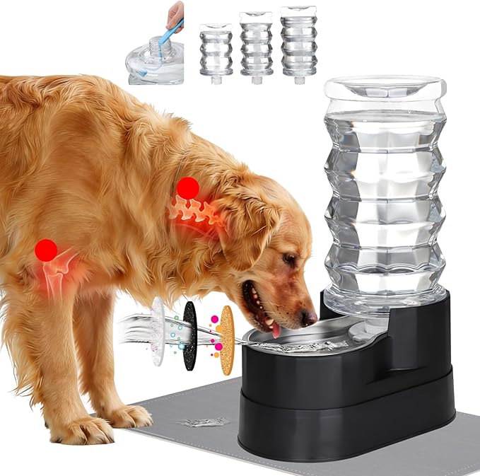 RIZZARI Large Water Dispenser for Dogs: 8L Raised Black Auto-Refill Stainless Steel Waterer - Easy Cleaning - Leak-Resistant - for Senior Dogs with Joint Spine Pain - Garage Garden Use
