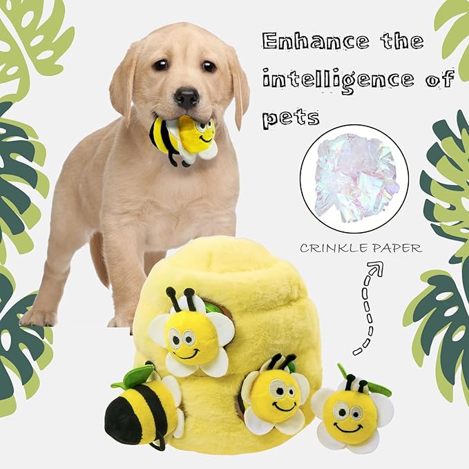Dog Hide and Seek Toys Puppy Chew Squeaky Toys Plush Mushroom&Bamboo&Shell Hideout Stuffing with Squeakers Animals (Beehive Hideout with 4 Bees)