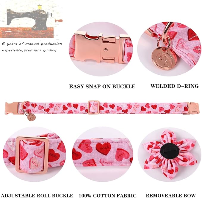 DOGWONG Valentine's Dog Collar with Flower - Pink Heart Adjustable Cotton Heart Dog Collar - Perfect for Small, Medium, Large Dogs