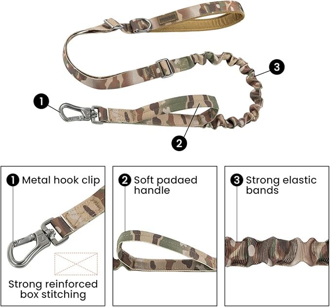 EXCELLENT ELITE SPANKER Tactical Dog Leash Heavy Duty 5-6FT Adjustable No Pull Military Bungee Dog Leash Elastic Leads Rope with 2 Padded Control Handle for Medium Large X-Large Dogs(MCP)